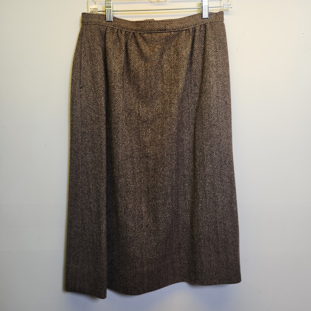 Vtg Pendleton 100% Virgin Wool Small Herringbone Tweed Midi Skirt Pockets Zip